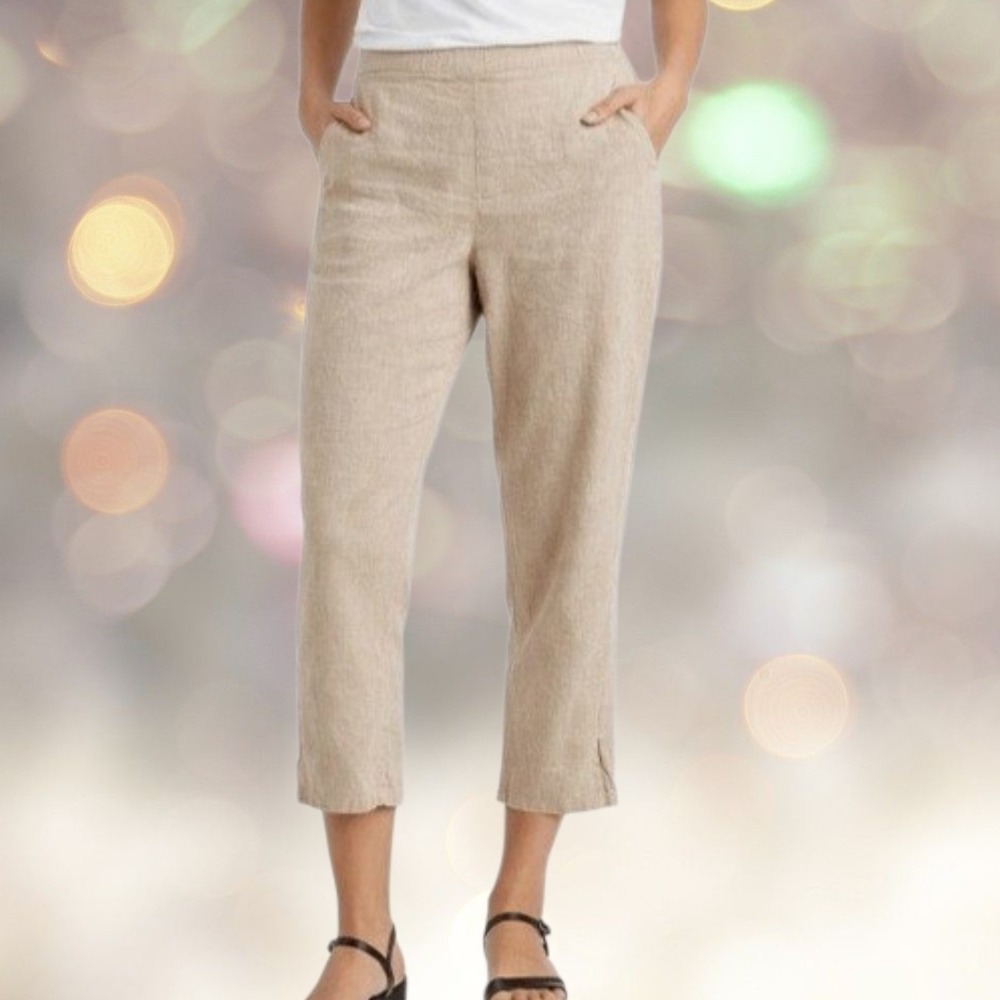 J.‎ Jill Linen Stretch Pants Womens Relaxed Straight Leg Cropped Beige Oatmeal M